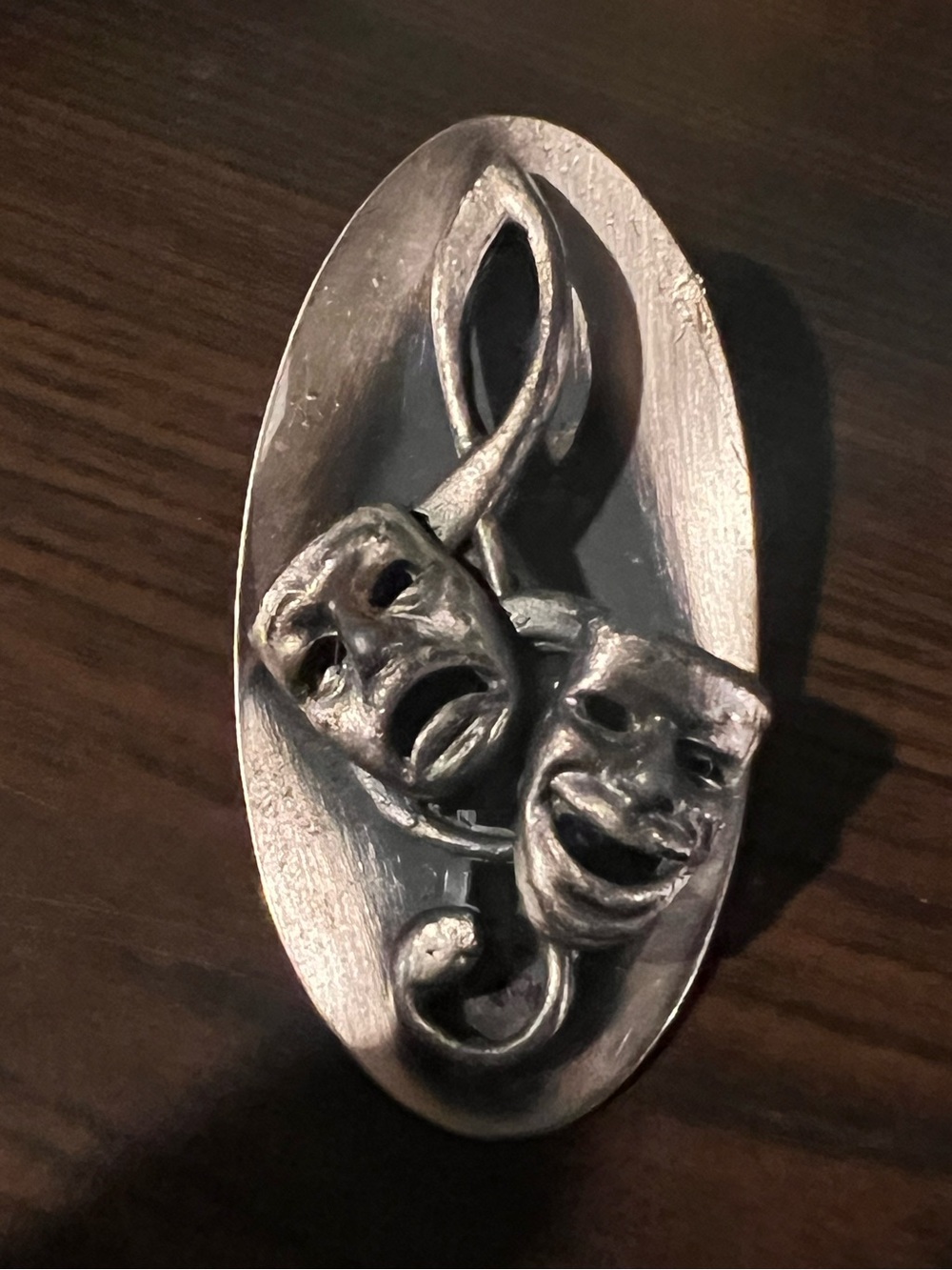 Vintage Drama Masks & Treble Clef Silver-Tone Oval Brooch